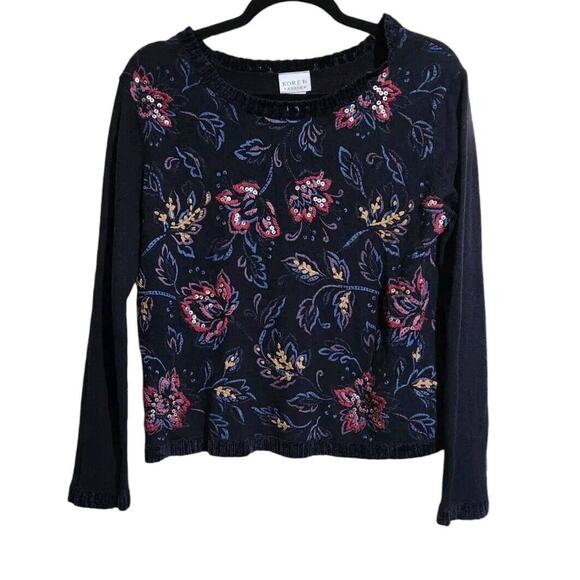 Vintage Koret Petite Black Sweater Embroidered Sequined Flowers SZ PM Grannycore - Picture 1 of 9